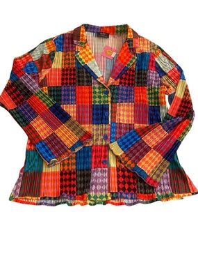 Dressed in LaLa  Long Sleeve Plisse Funhouse Patchwork Pleated Button Top New M